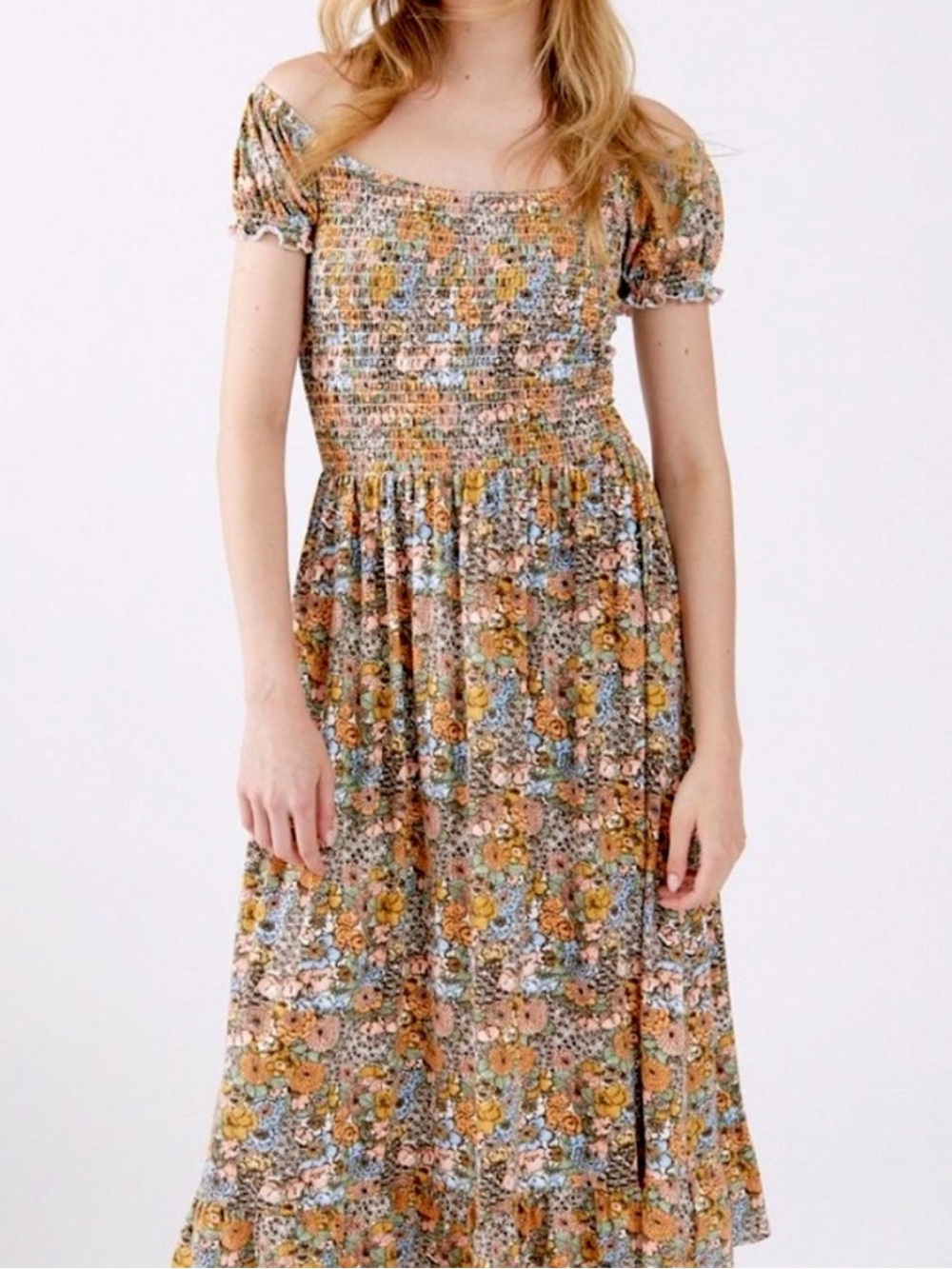Urban Outfitters Tessa Smocked Off The Shoulder Ruffle Midi Floral Dress Medium
